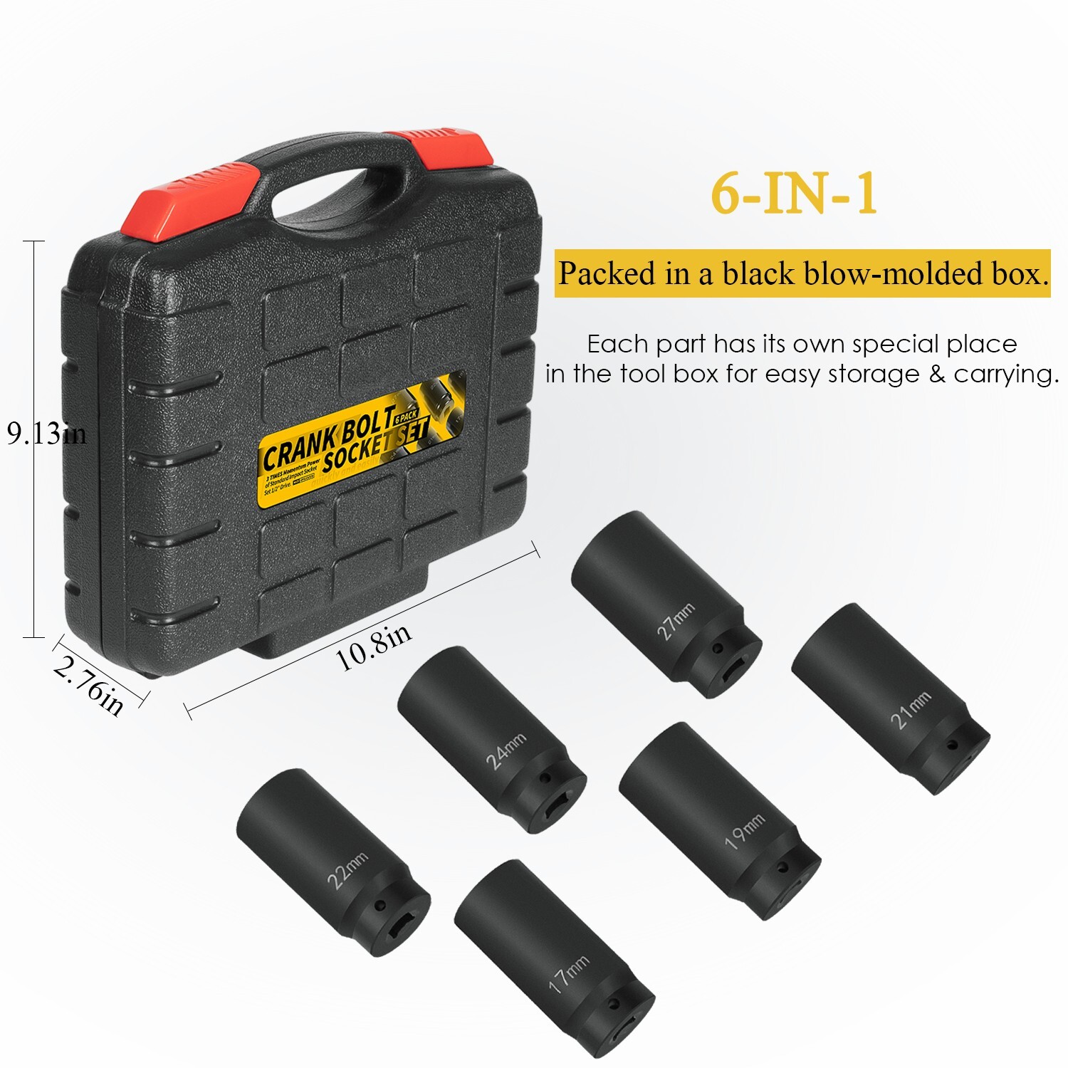 1/2’’ Drive Weighted Crank Bolt Socket Set, 17MM, 19MM, 21MM, 22MM, 24MM, 27MM