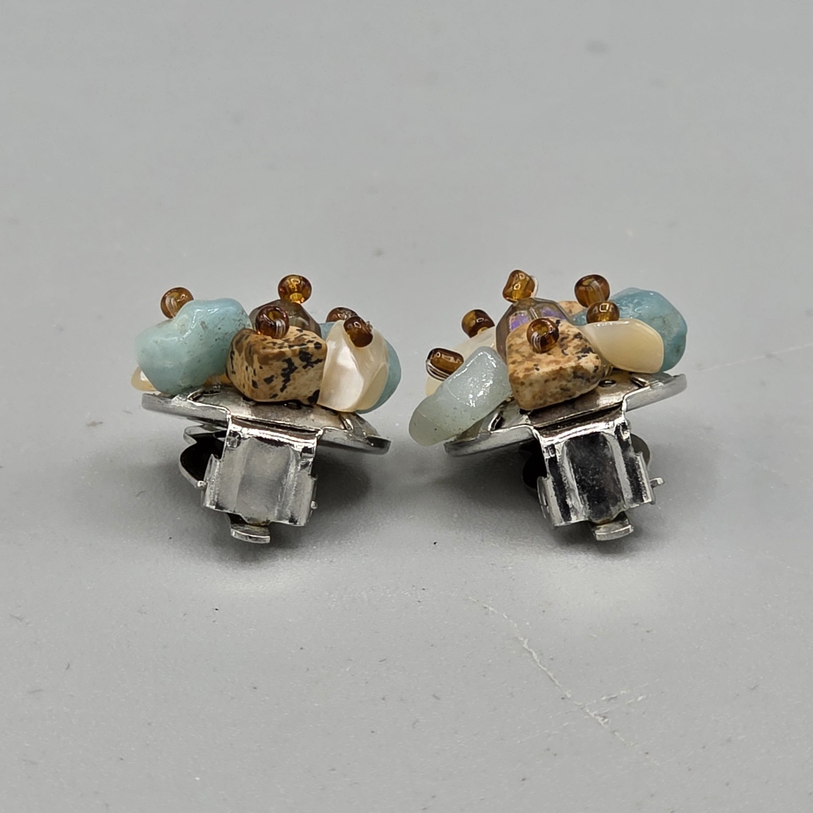 Vintage Multi Stone Bead Cluster Clip-On Silver Tone Earrings
