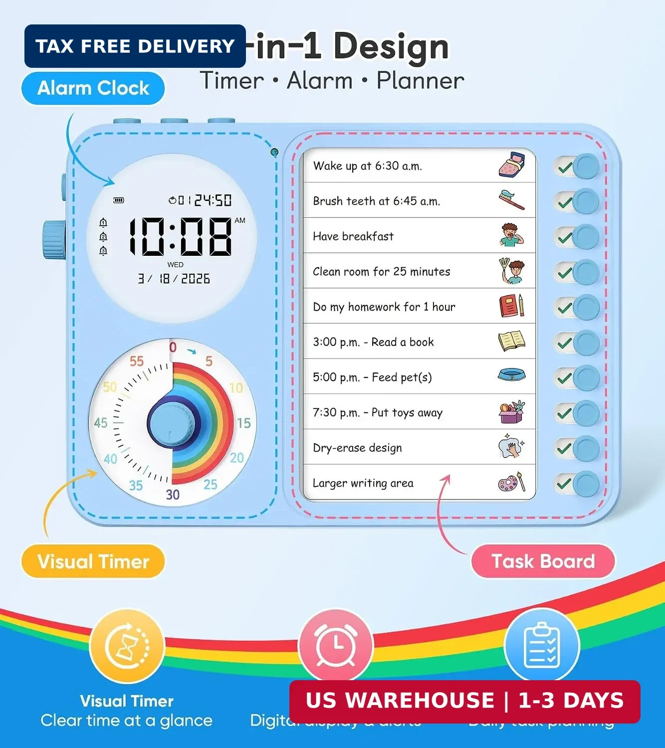 3-in-1 Visual Timer & ADHD Tool for Kids - ADHD Task Timer for Adults with Visua