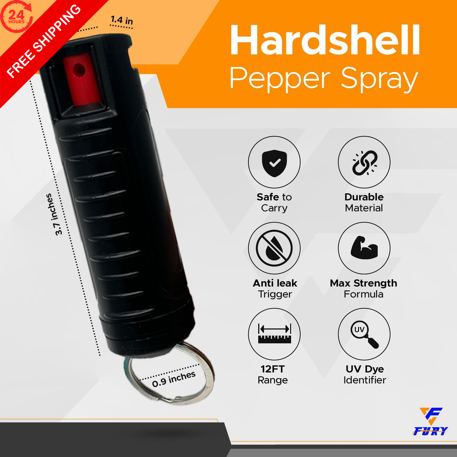FURY Hardshell Pepper Spray - 12Ft Range, Max Strength, UV Dye Black