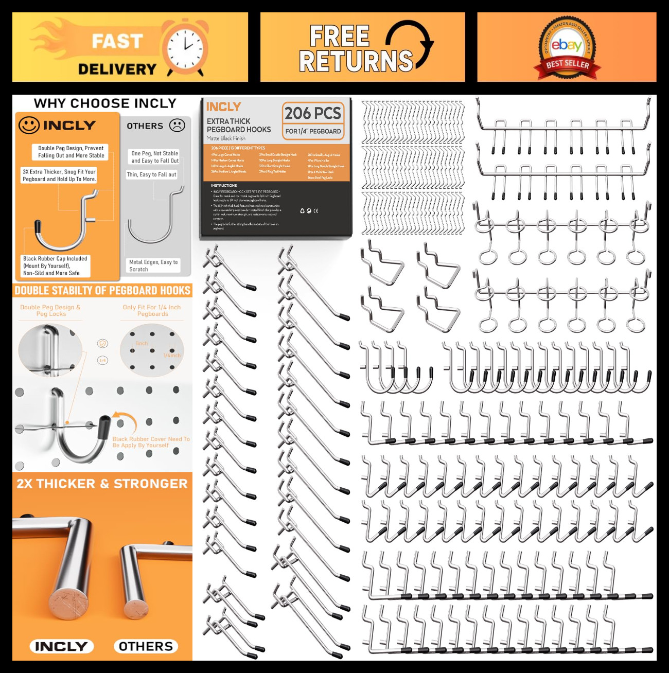 Heavy Duty 1/4" Pegboard Hooks Set - 206PCS Tool & Craft Organizer Accessories