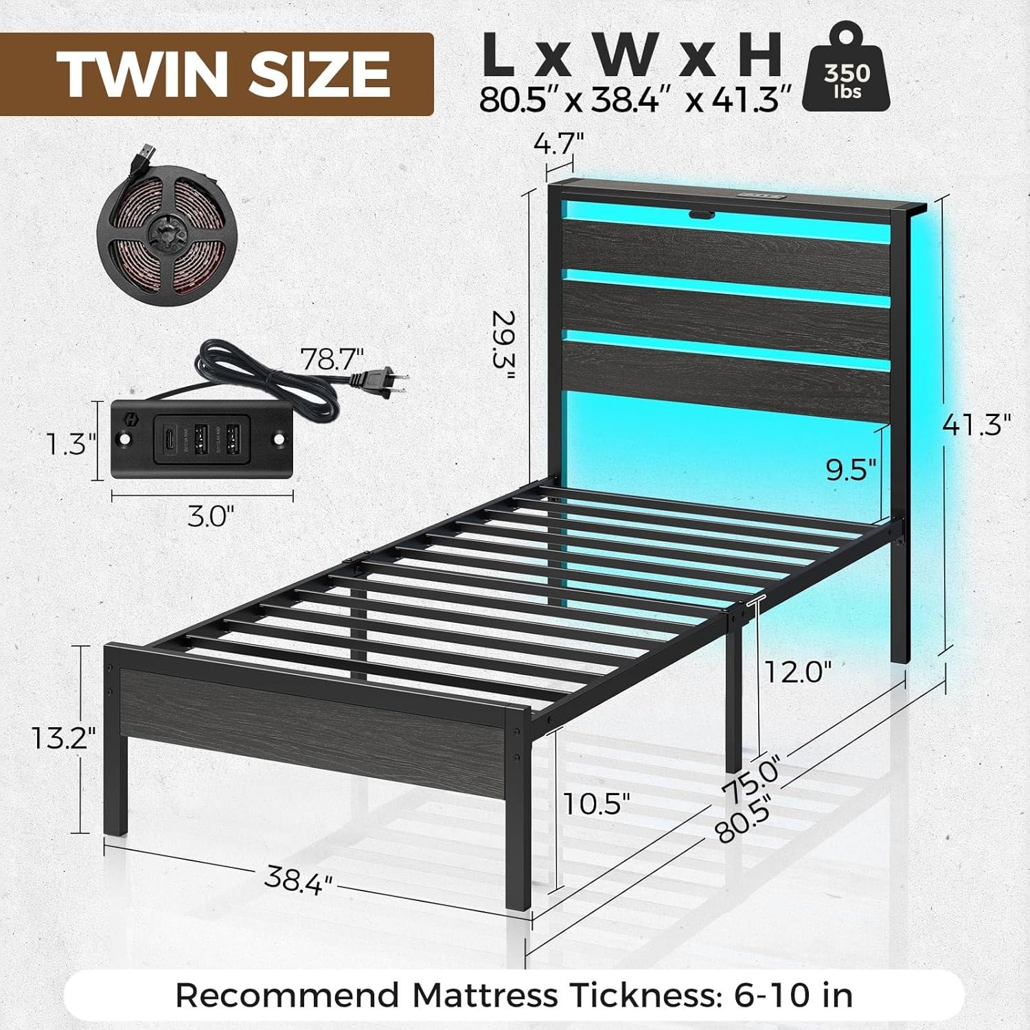 Bed Frame Twin Size W/ USB Charging Station LED Bed Frame W/ Wood Storage