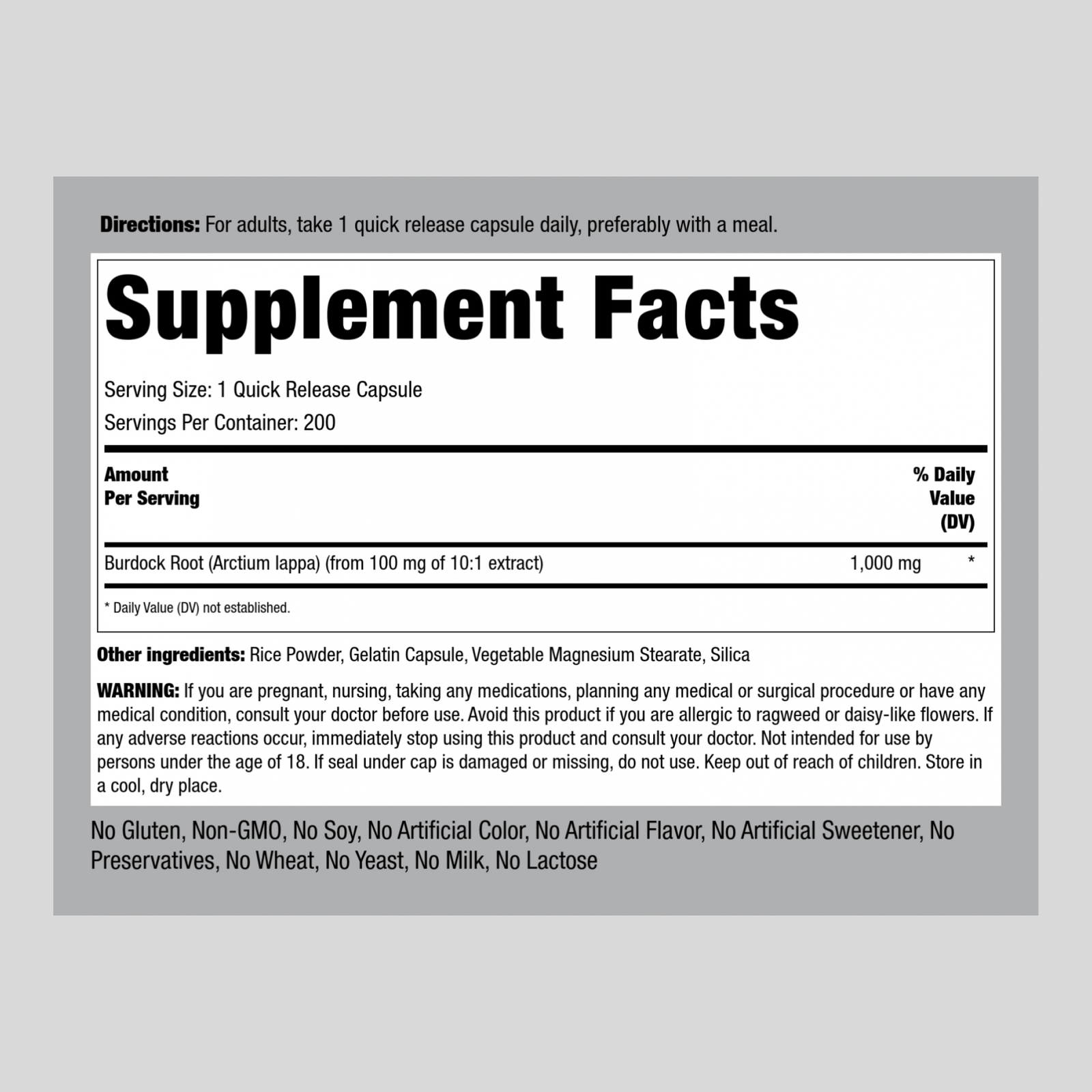 Burdock Root Capsules | 1000mg | 200 Count | Non-GMO | by Piping Rock