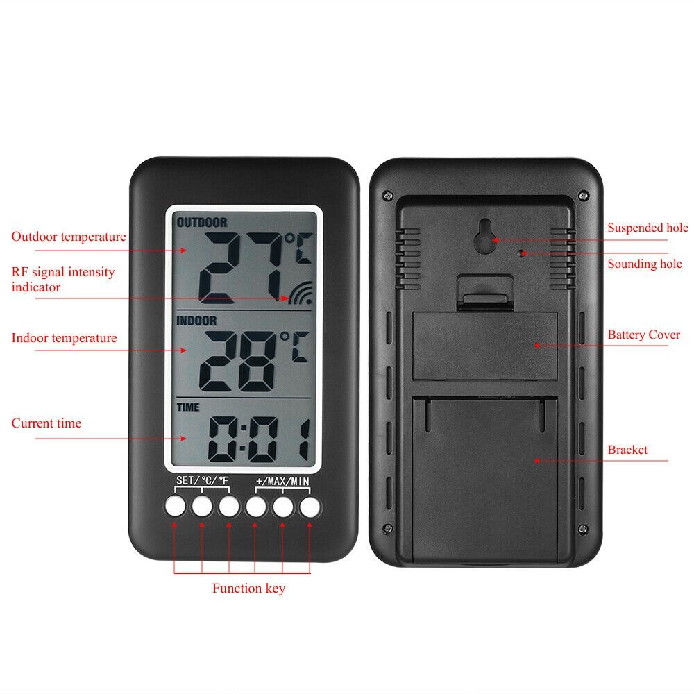 Digital LCD Thermometer Clock Wireless Indoor/Outdoor Temperature Meter Gauge