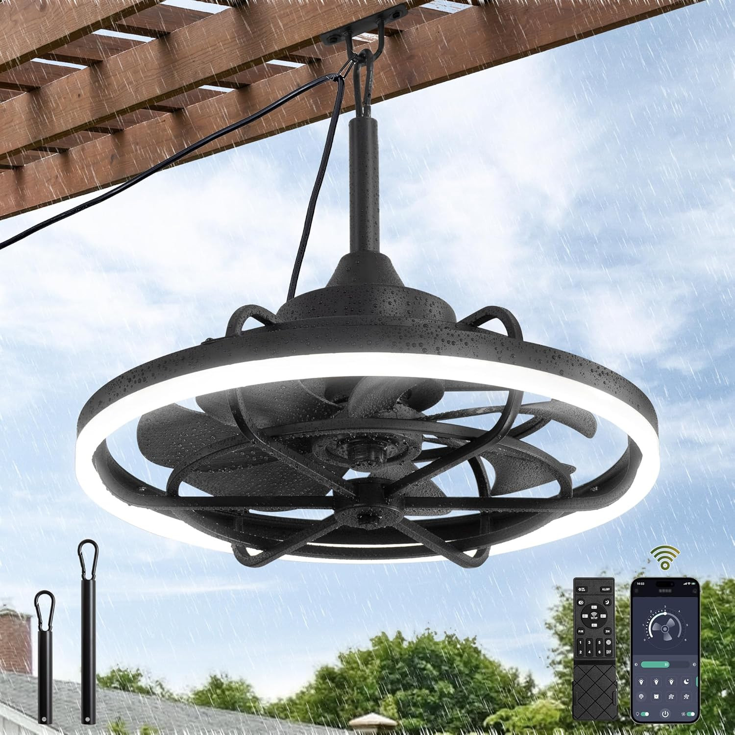 Weatherproof Outdoor Ceiling Fan with Light & Remote for Patios & Gazebos