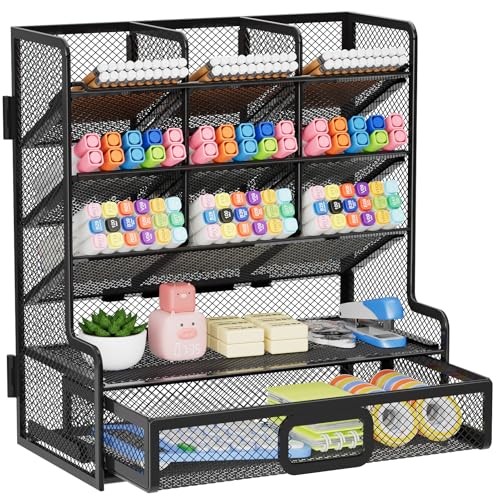 Larger Mesh Desk Organizer with Drawer, Multi-Functional Pen Pencil Black