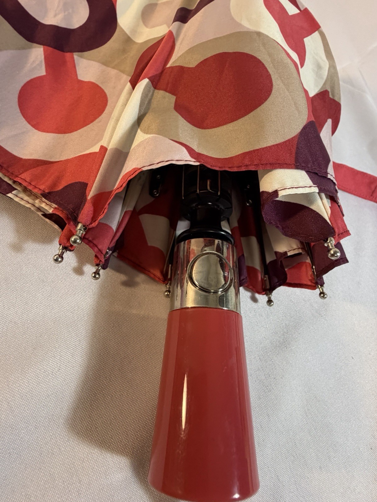Coach Logo Compact Folding Umbrella Auto Open Red Purple Geometric Print