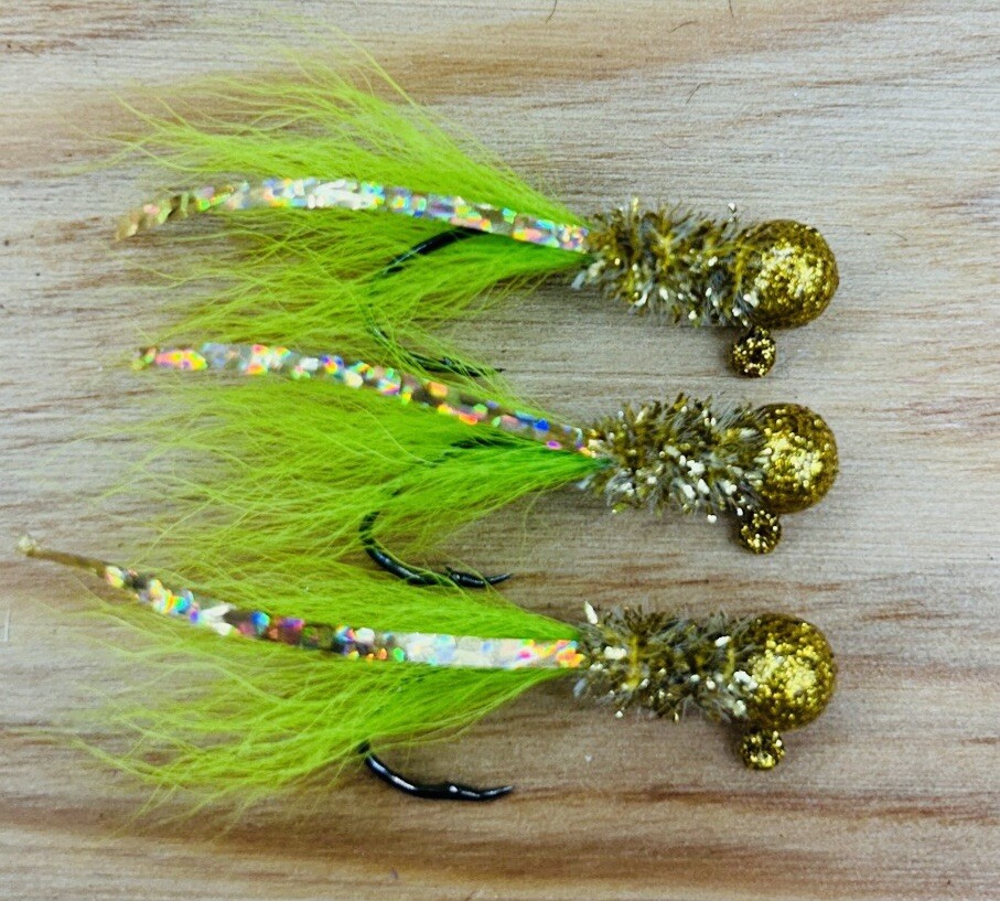 (3cnt) 1/16oz Crappie Hair Jigs #4 Nickel Sickle Hooks Gold Chartreuse
