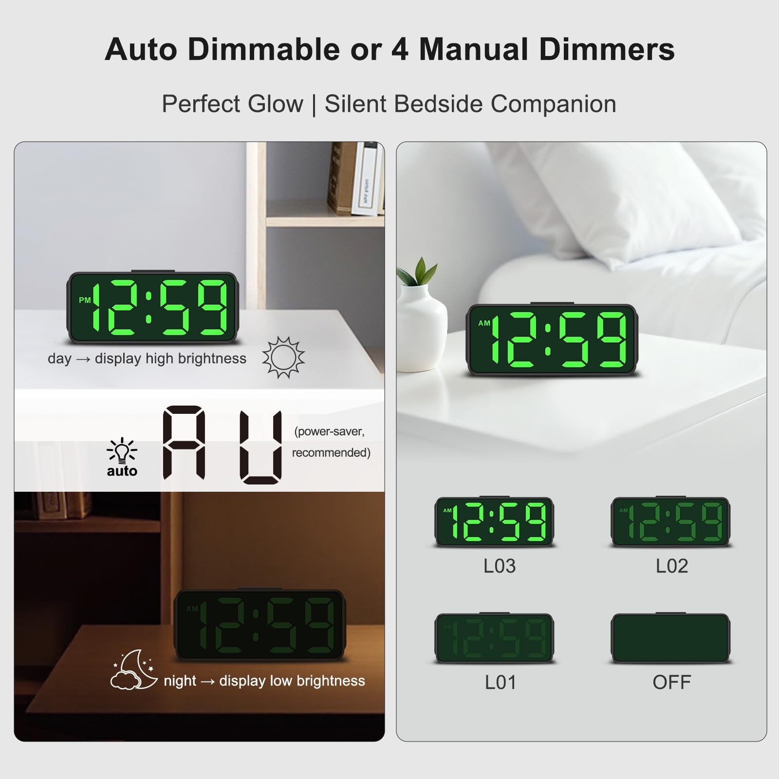 Peakeep Small Battery Powered Digital Alarm Clocks for Small, Green Digits