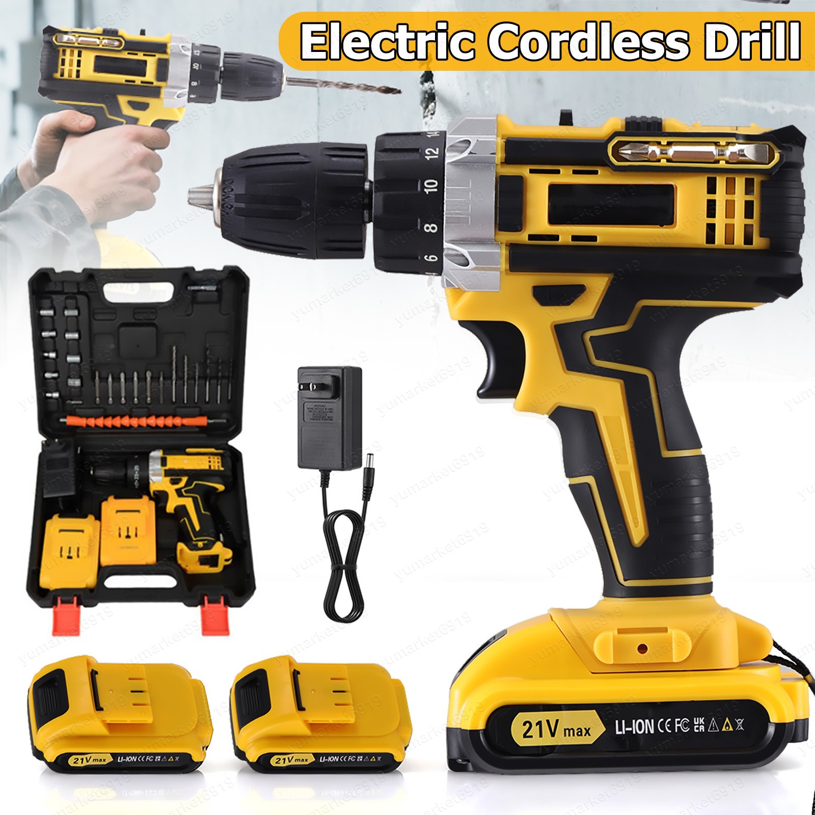 21V Cordless Drill 3/8” Electric Screwdriver Wireless Power Driver W/2 Batteries