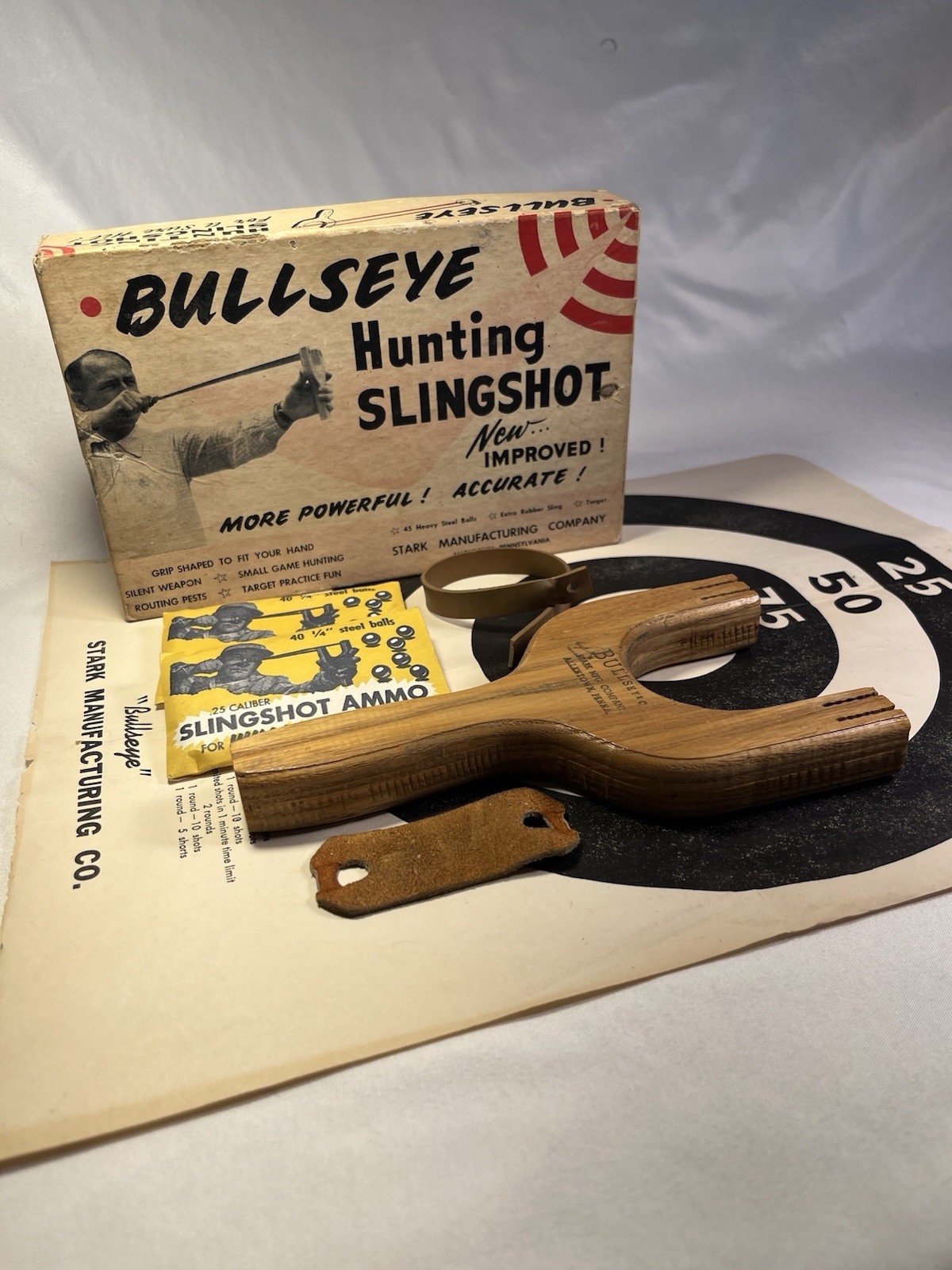 Vintage “Bullseye Hunting Slingshot with Box, Target and Ammo” Allentown,Pa.USA!
