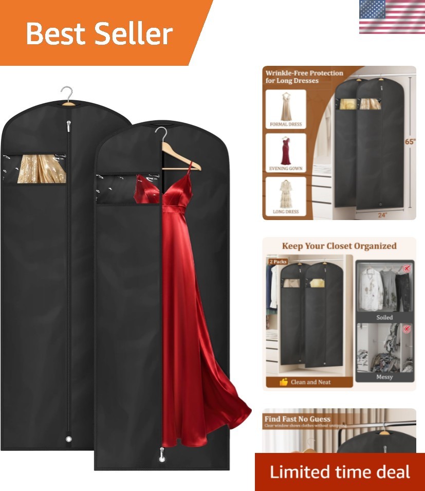 65" Dress Bags for Gowns Long Garment Bags for Hanging Clothes with Clear Win...