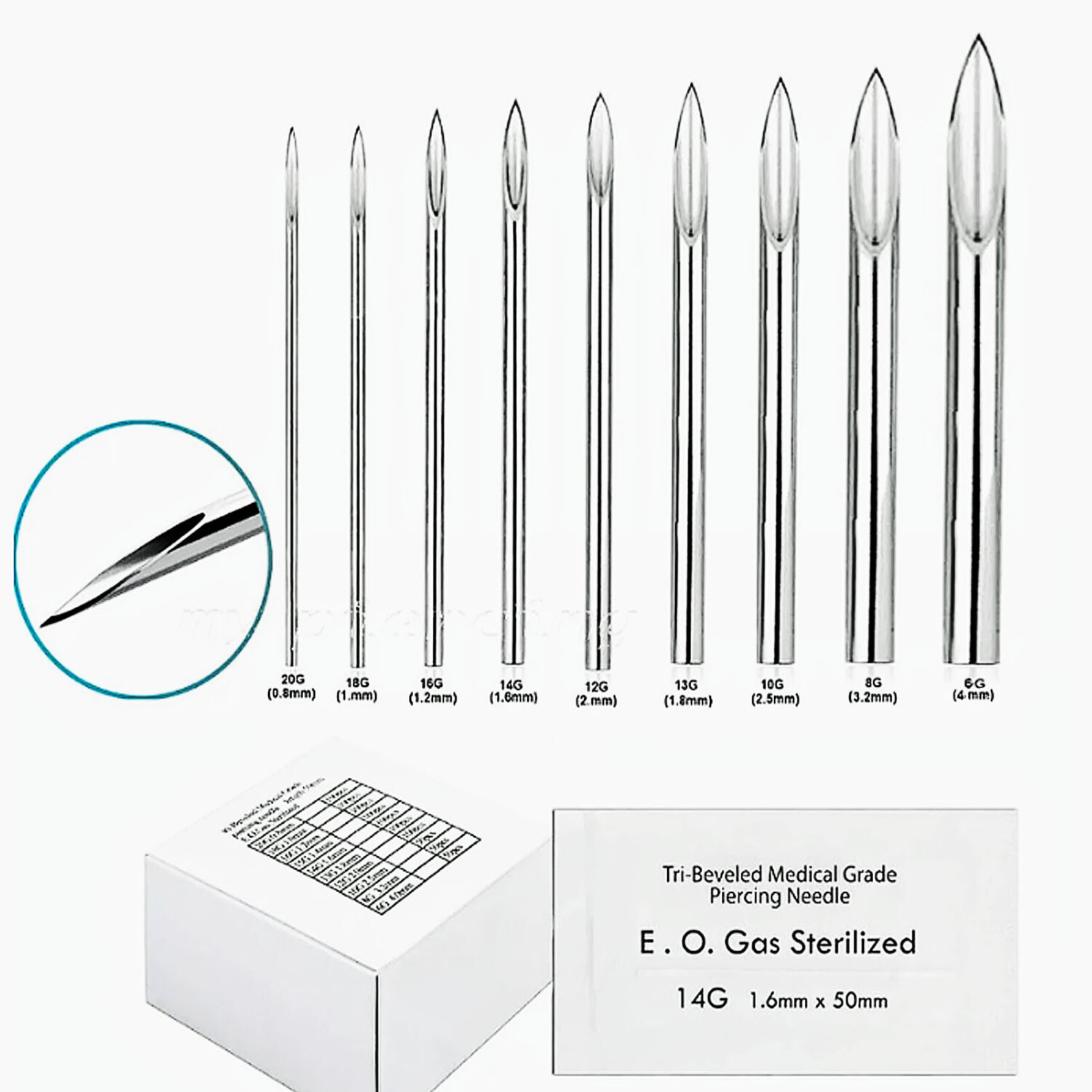 4pcs. Tri-Beveled Medical Grade Sterile Body Piercing Needle 20g to 6G