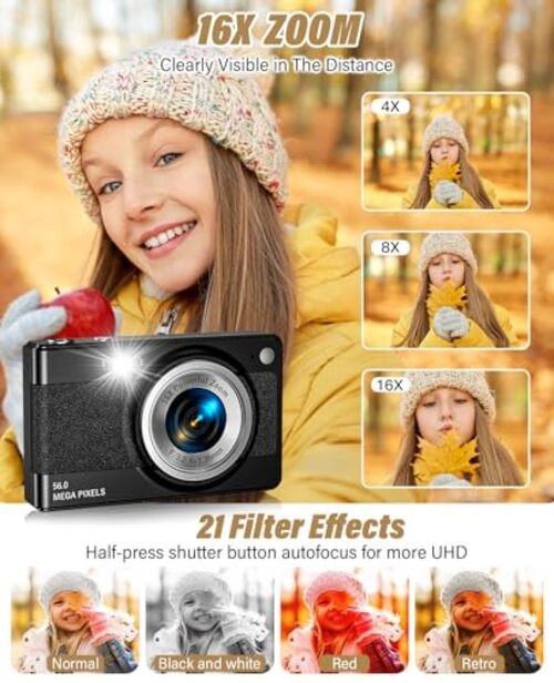 2025 New Digital Camera, 56MP FHD 1080P for Kids with 16x Digital Zoom Black