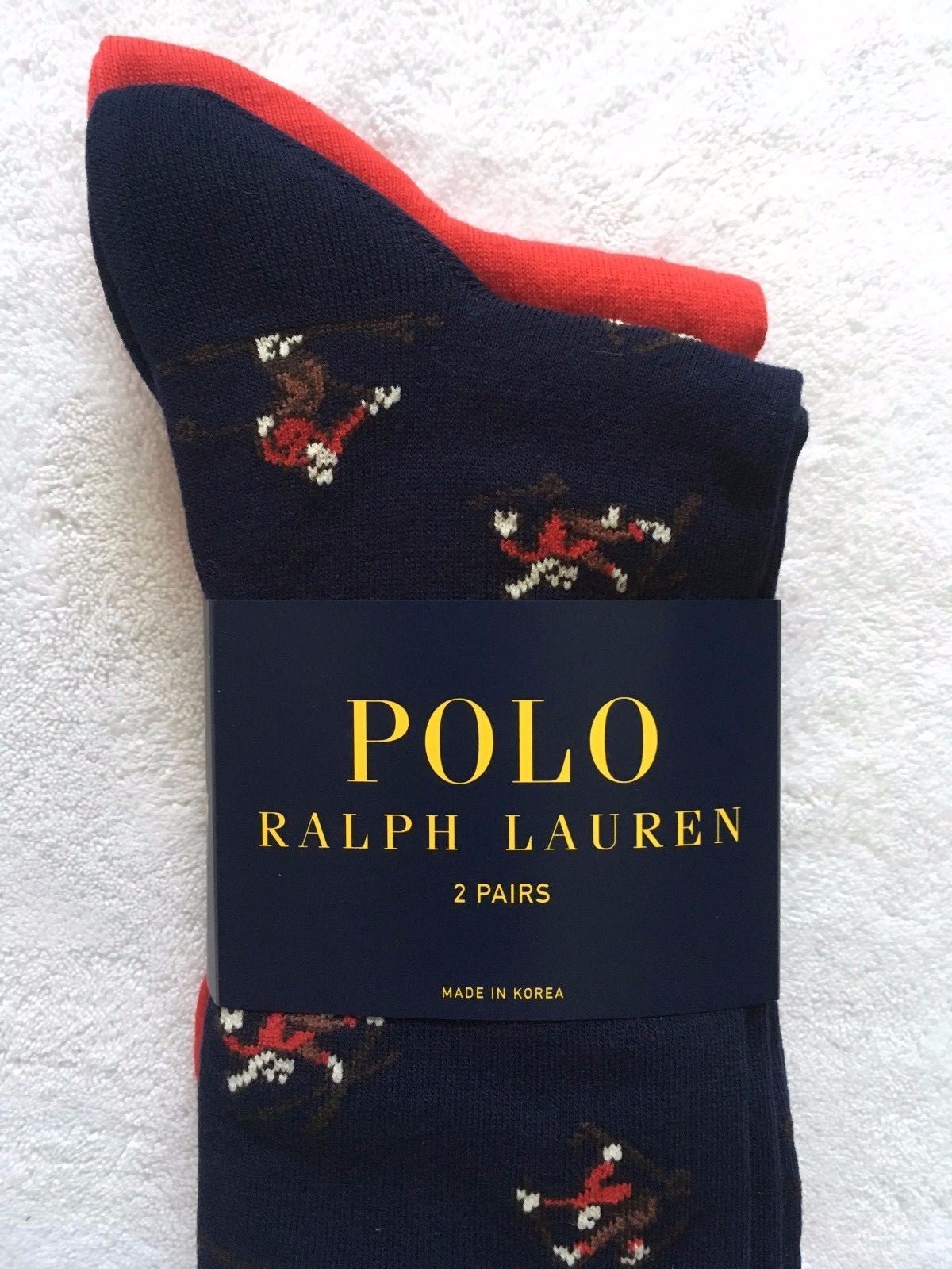 Ralph Lauren Polo 2-Pack Socks~Navy Tumbling Skier~Solid Red~Cotton Blend~NWT