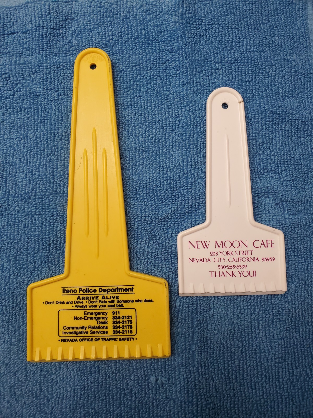 2 Advertisement Ice Scrappers Reno NV PD & New Moon Cafe Nevada City CA