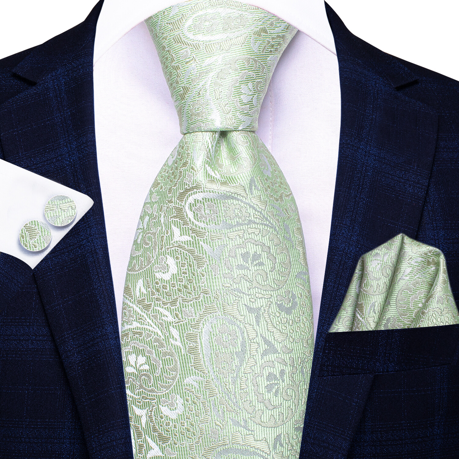 Mint Green Paisley Mens Tie Necktie Pocket Square Cufflinks Set Wedding Casual