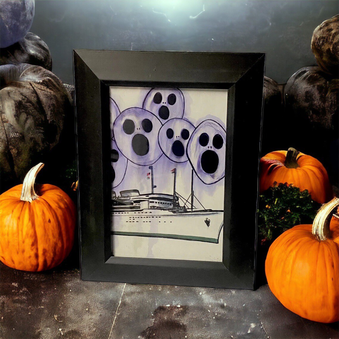 Original Painting Haunted Ghost Ship Boat framed art Gothic Ooak Horror