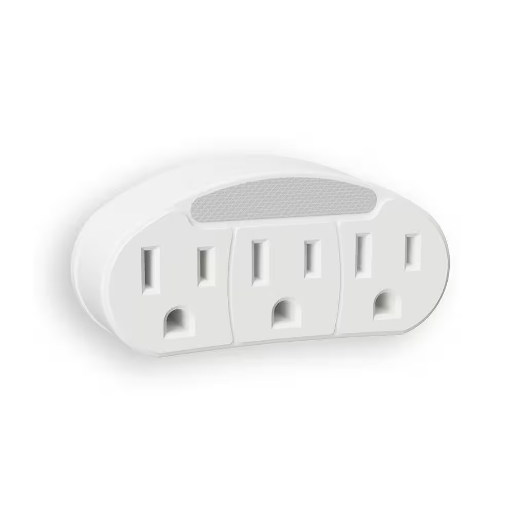 White Outlet Adapter LED Night Light with 3-Grounded Outlets