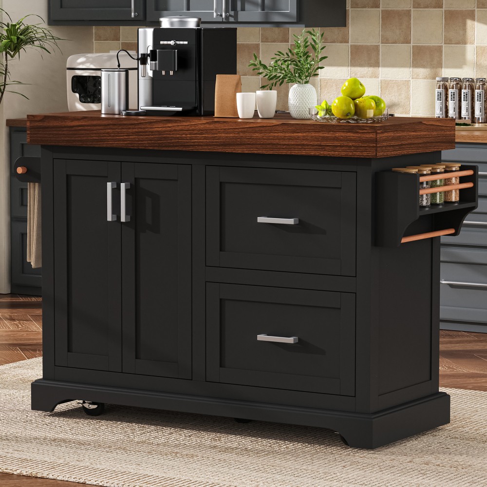 45 Inch Rolling Kitchen Island w/ 3.5" Thick Top, 2 Drawers & Wheels, Black