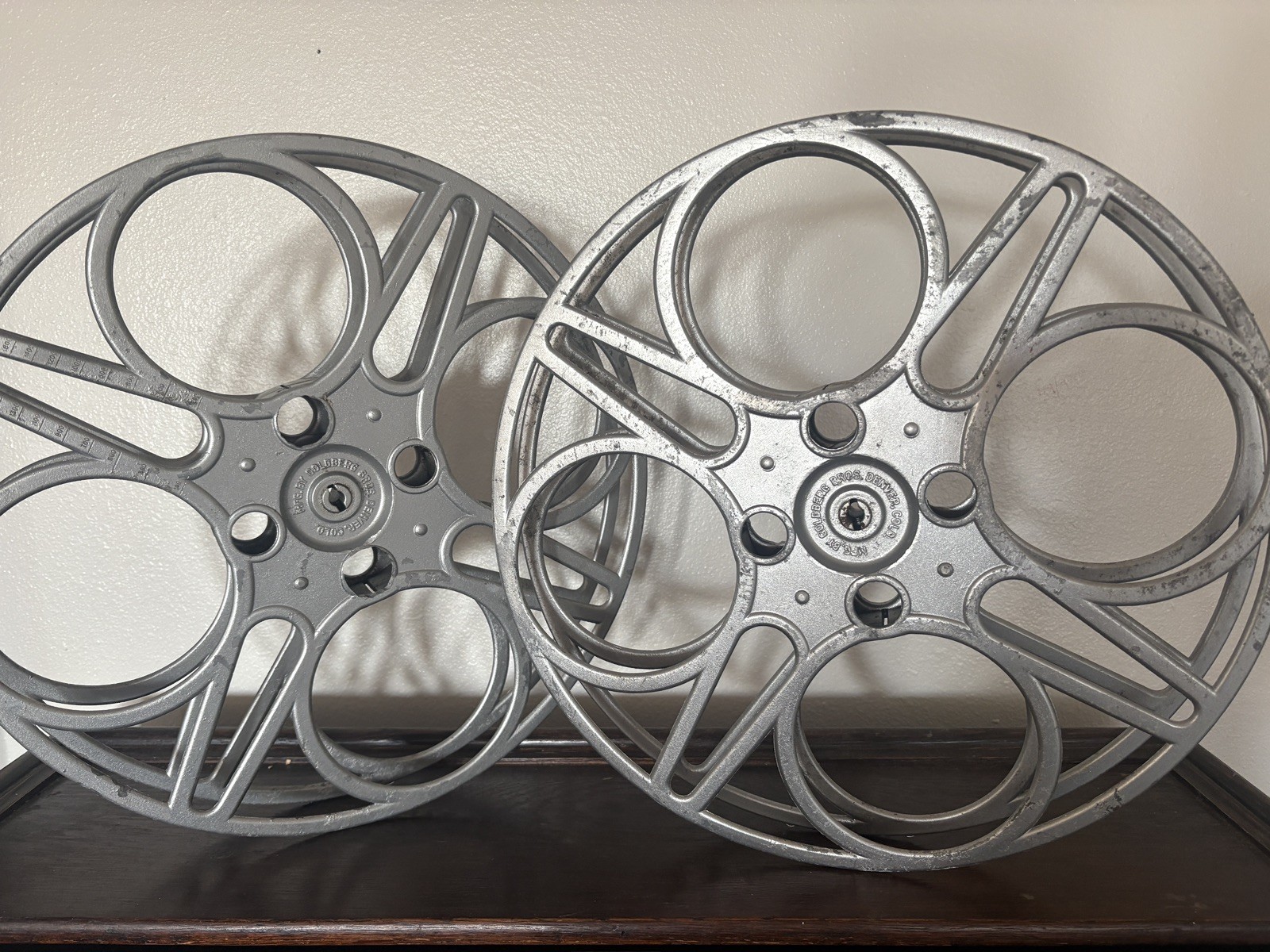 (2) Vintage Goldberg Bros 35mm Cast Alum Film Movie Theater Reel 15"