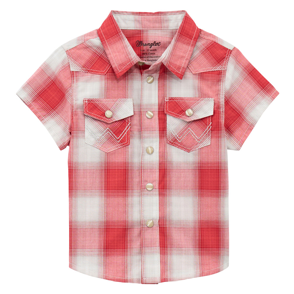 112378881 Wrangler Baby & Toddler Boy Short Sleeve Shirt - Cherry Red Plaid NEW