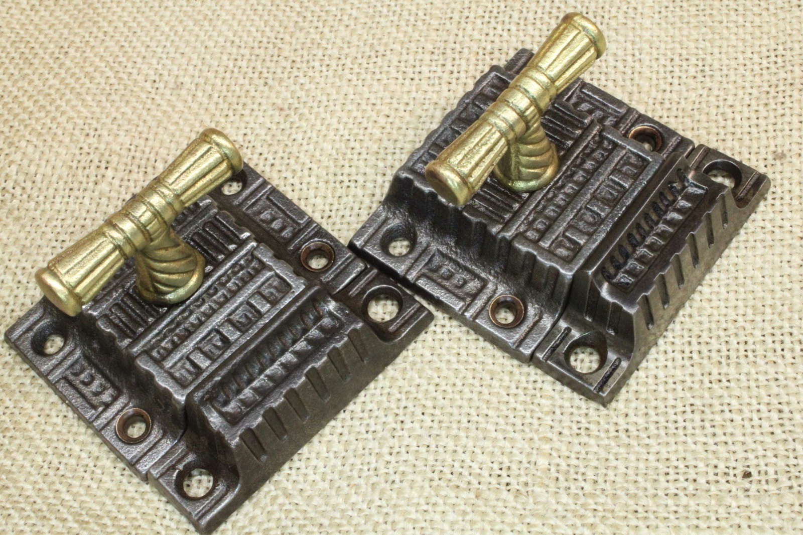 2 Old Cabinet Latch Brass Round T Knob Handle Iron Victorian Lattice 1890 Patent