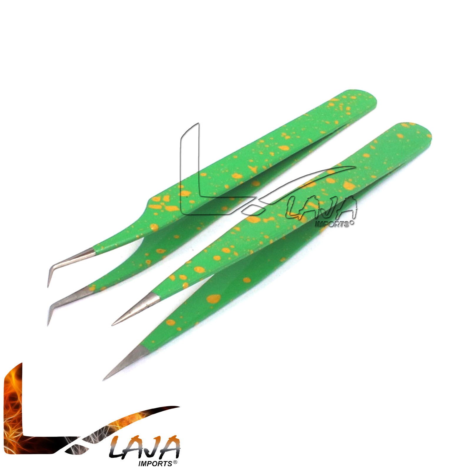 Green & Yellow Eyelash Extension Hair Tweezers Straight, Curved Eyes Tools