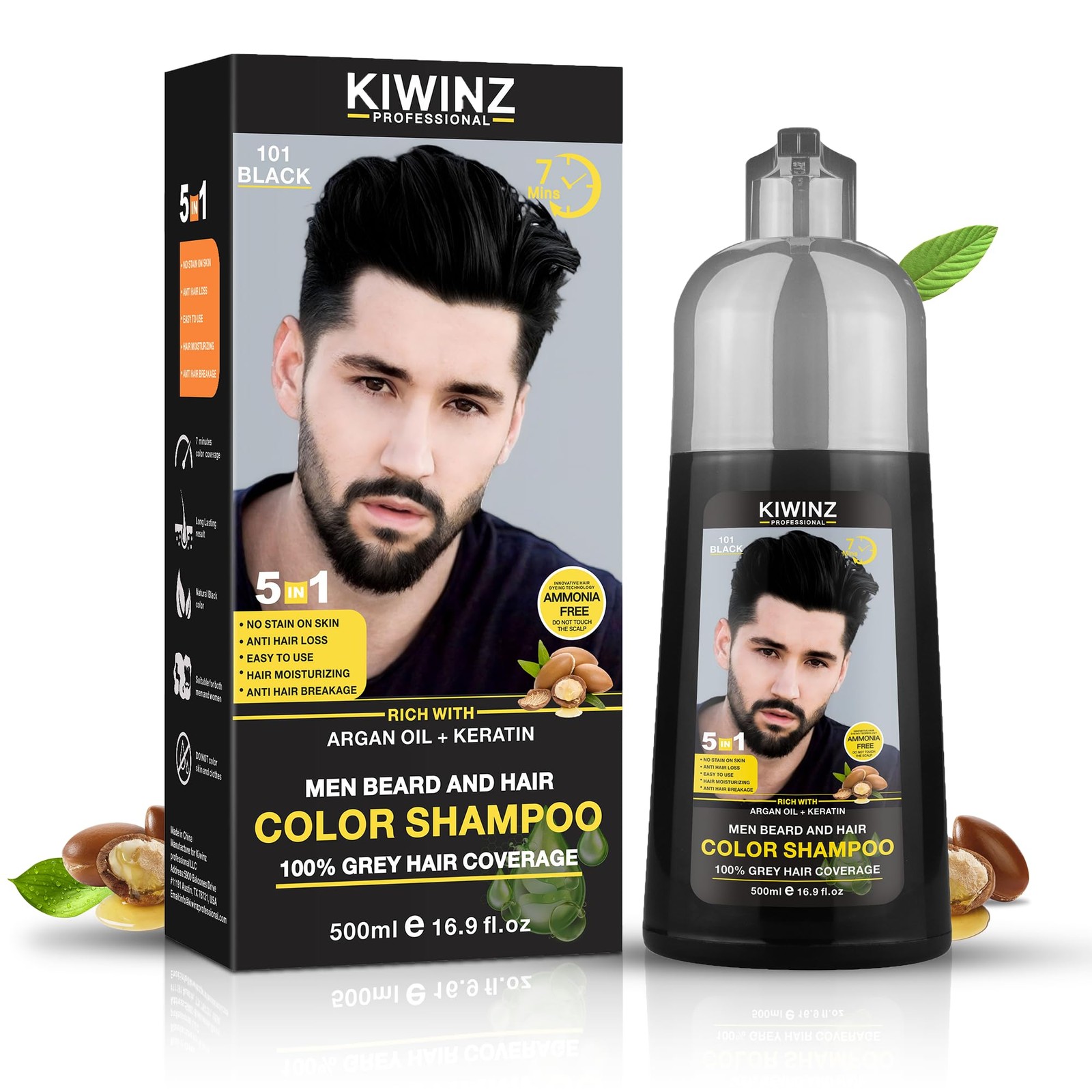 Kiwinz Professional Black Hair Color Shampoo for Men – 5 in 1 Hair Dye Shampo...