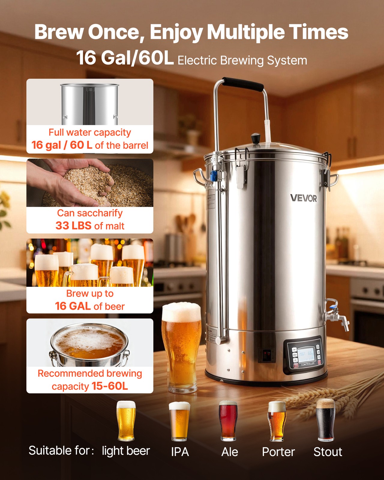 VEVOR Home Beer Brewing Machine Grain Brewing System w/ Circulating Pipe 16 Gal