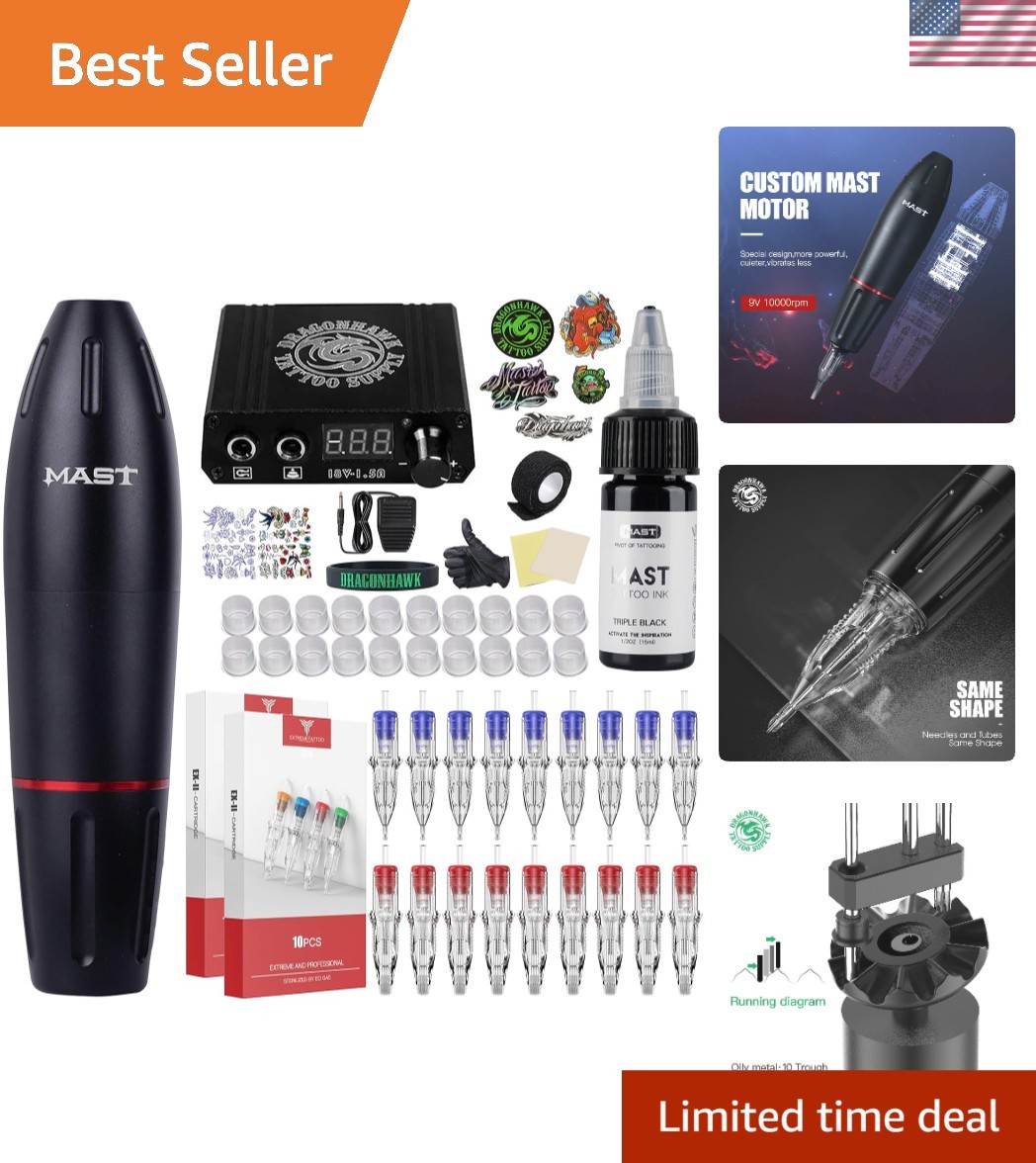 Tattoo Machine Kit with Power Supply and Foot Pedal | Rotary Tattoo Pen, 20 C...