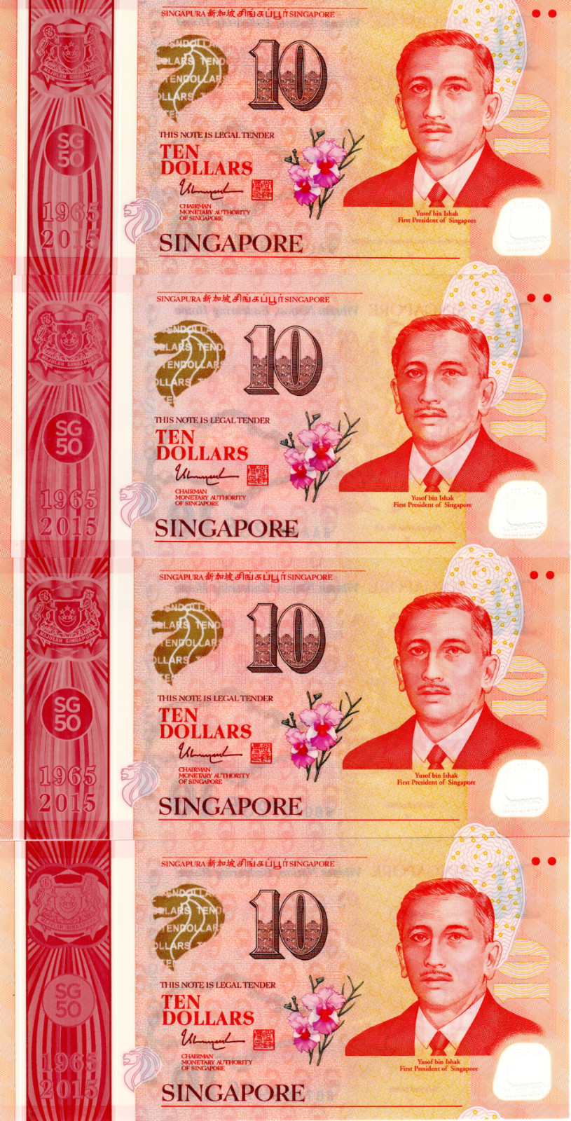 Singapore UNC Set Commemorative Notes 5 x 10 Dollars & 1 x 50 Dollars Banknotes