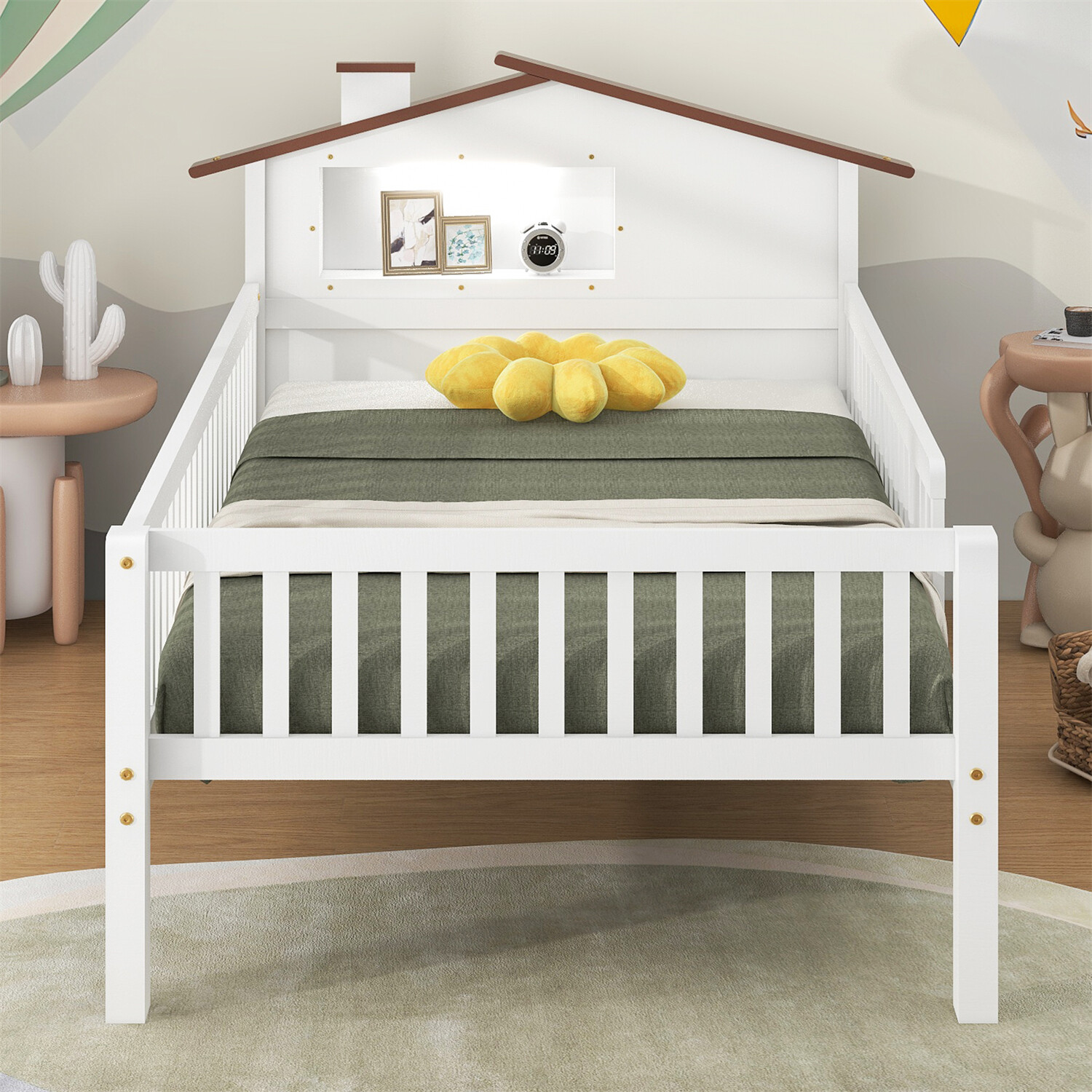 Twin/Full Size Bed Frame Wood Platform Bed with Storage Headboard White/Natural
