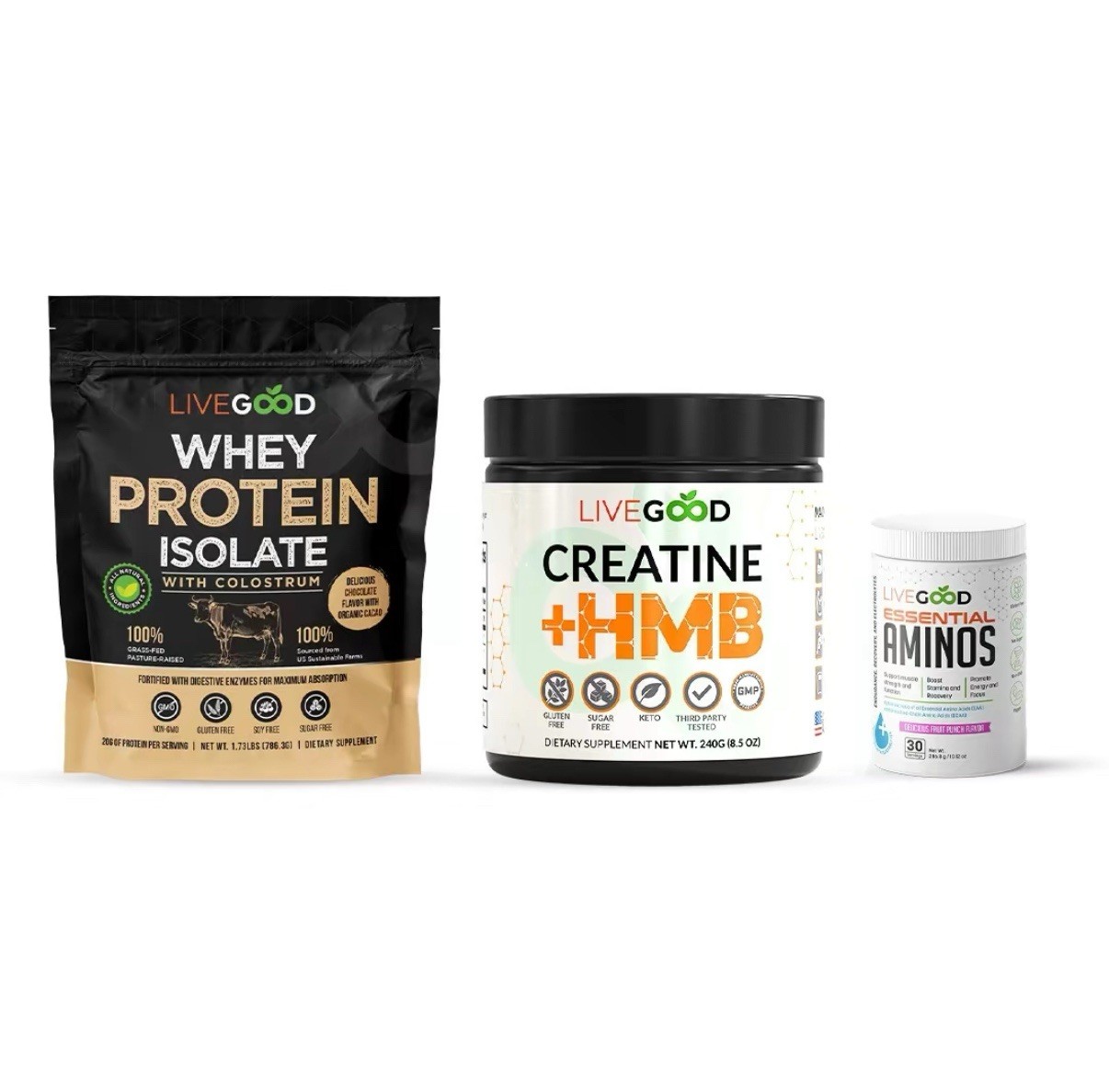 LiveGood Ultimate Performance Trio: Whey protein, Creatine, Essential Aminos