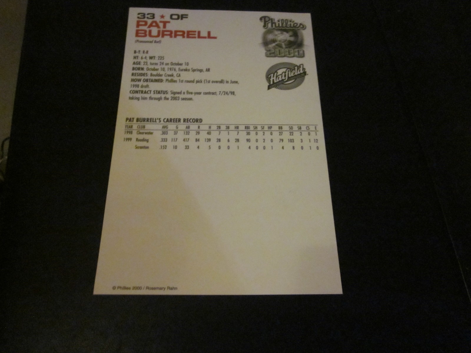PAT BURRELL SIGNED AUTO PHILADELPHIA PHILLIES POSTCARD
