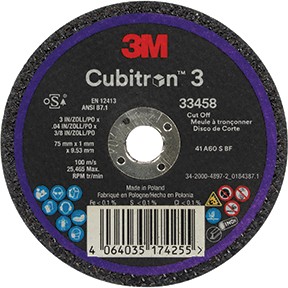3M™ Cubitron™ 3 Cut-Off Wheel 3in x 0.04in x 3/8in, 5/Box - 2 Box MMM-33458
