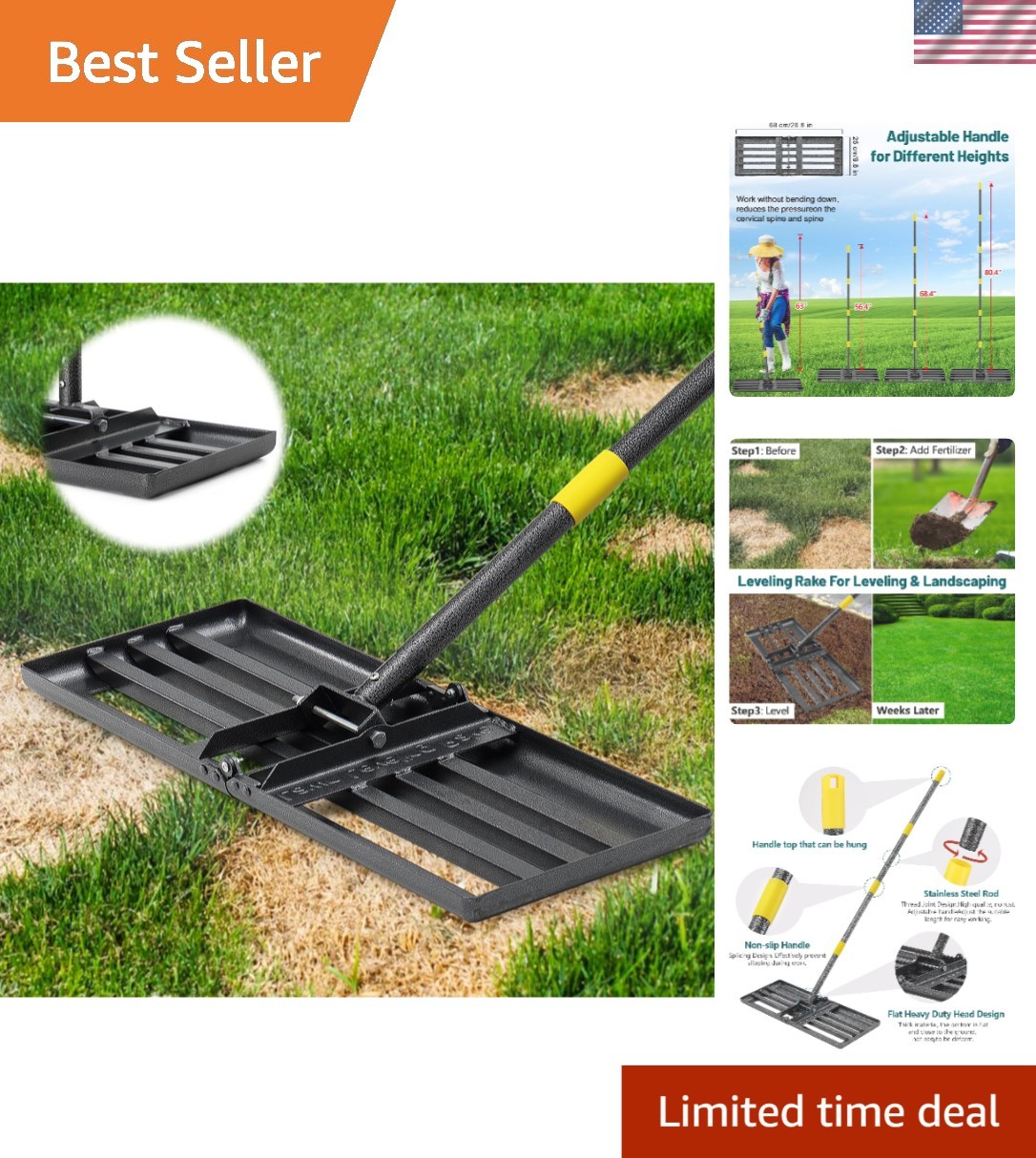Ultimate Lawn Leveling Tool: 26x25'' Rake with 6FT Adjustable Alloy Steel Handle