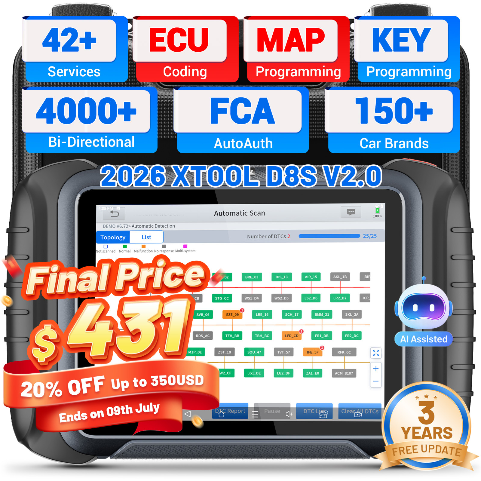 XTOOL D8S V2.0 Bidirectional OBD2 Scanner Full System Diagnostic Tool 42+ Resets
