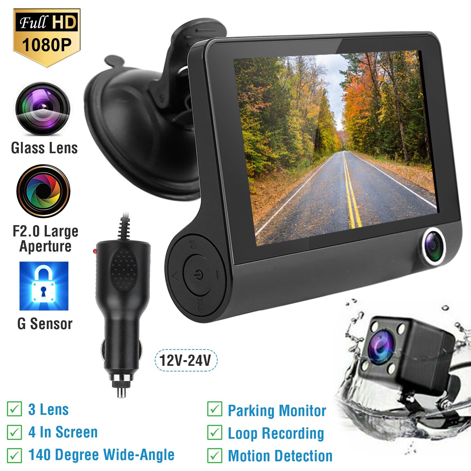 1080P Car DVR Dash Camera 3 Lens Front and Rear Video Recorder Camera G-sensor