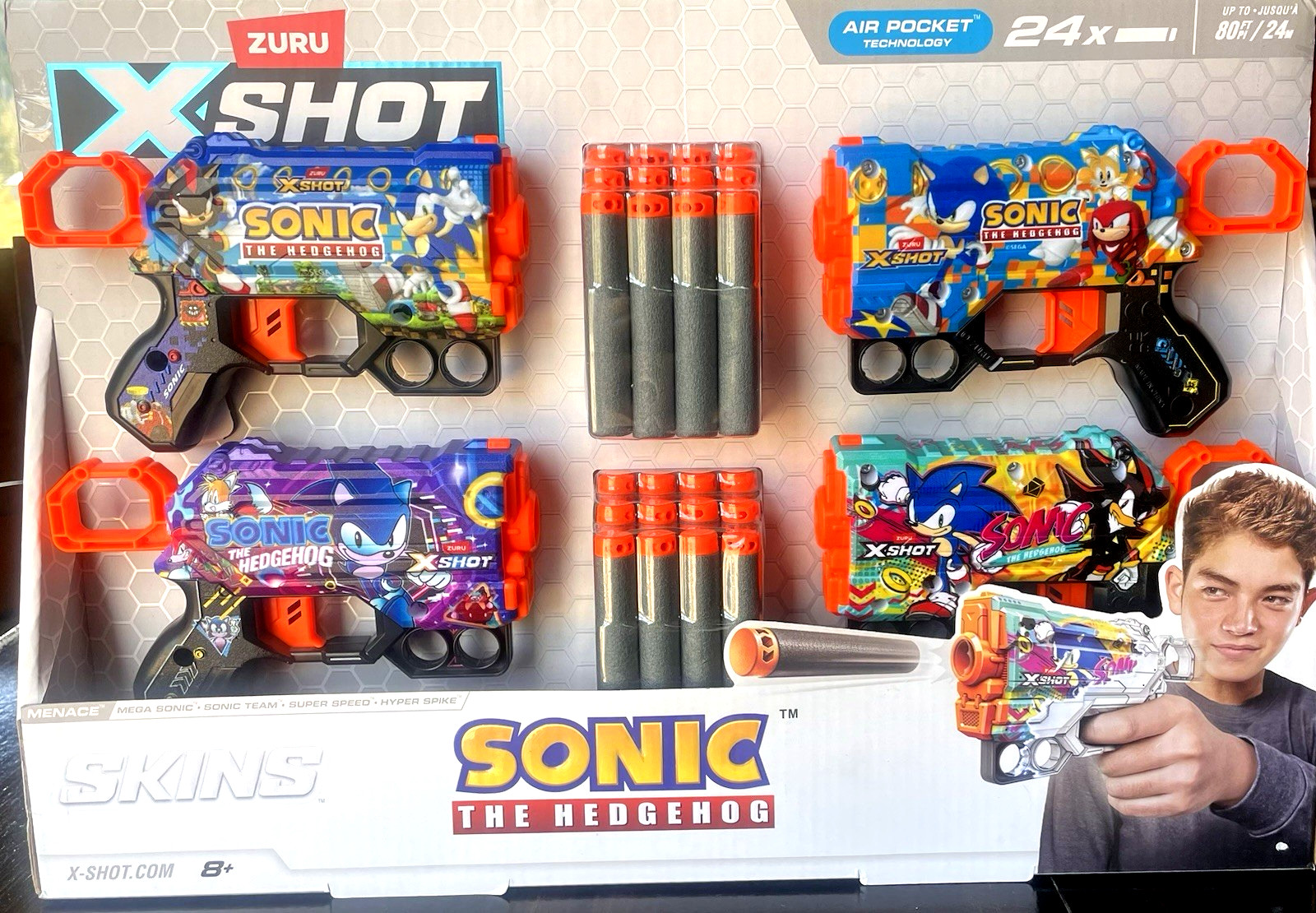 4 pk.ZURU Sonic The Hedgehog SKINS X-Shot dart/play guns,24 foam bullets