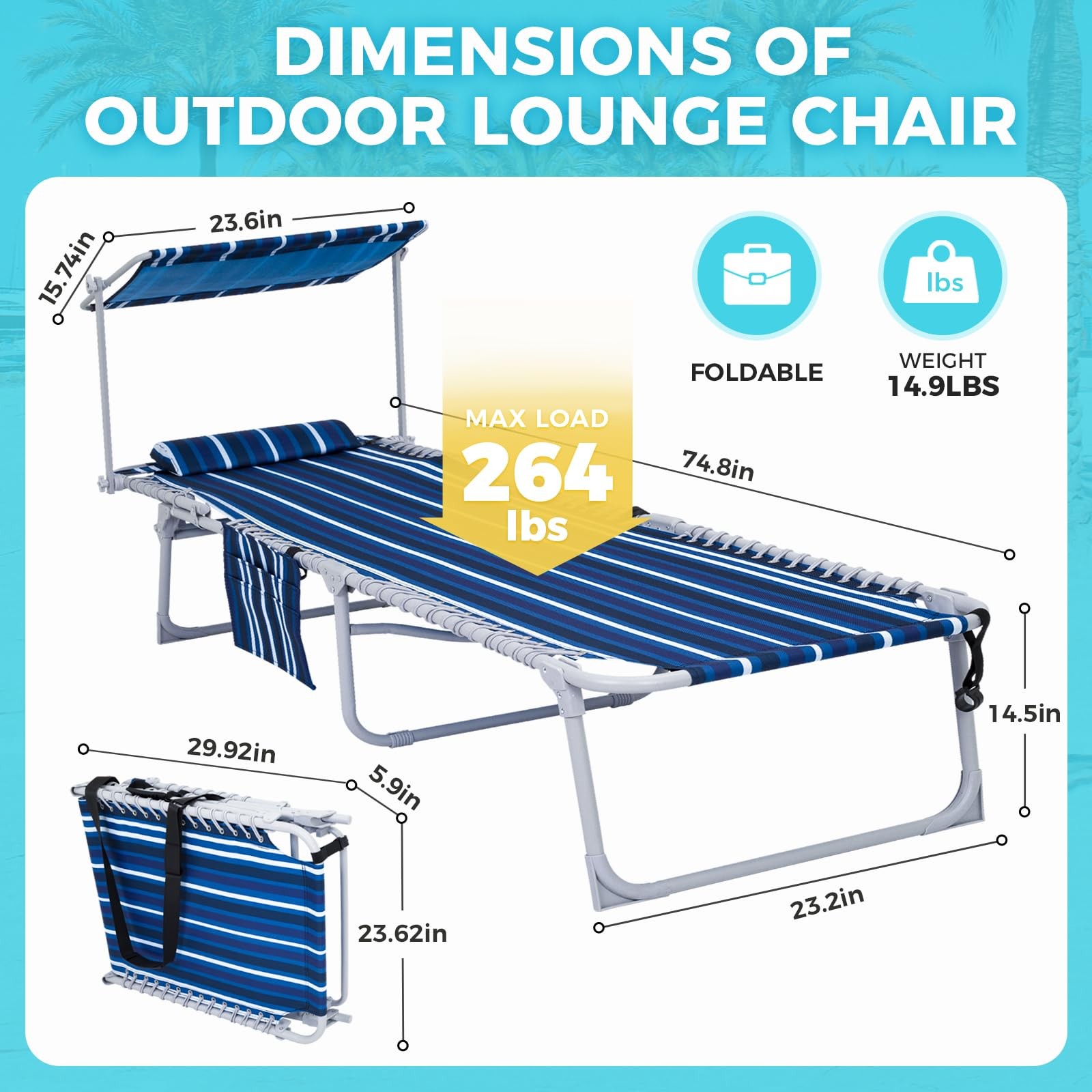 #WEJOY Folding Lounge Chair with Canopy Shade, Portable Adjustable 5-Position...