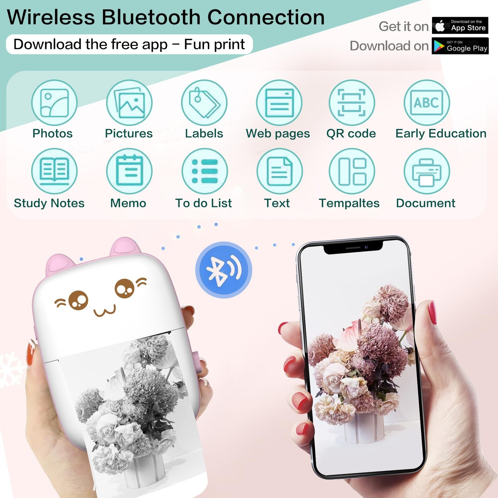 Mini Printer Portable, Inkless Sticker printer with 8 Rolls Paper, Bluetooth ...