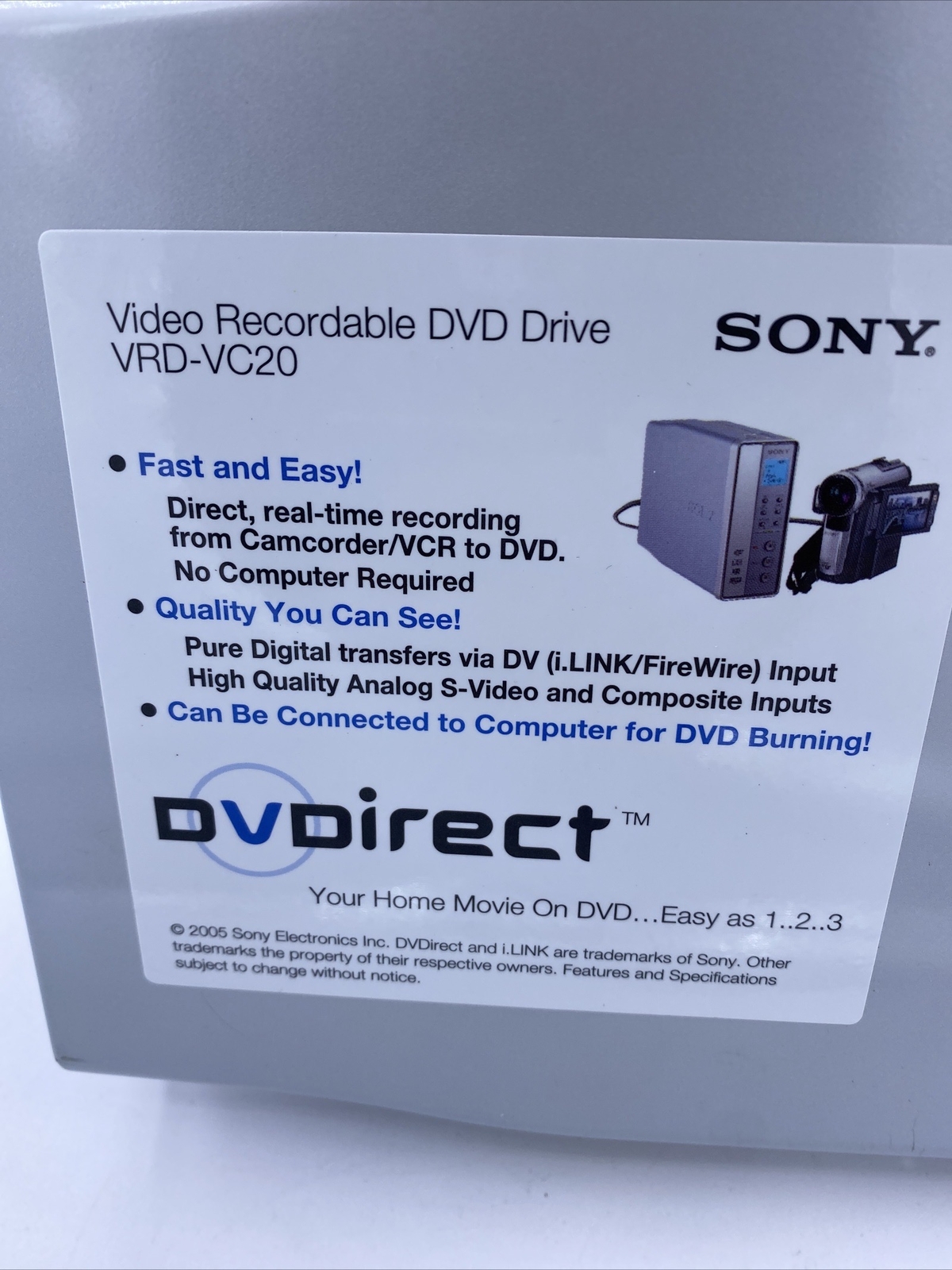 Sony VRD-VC20 Recorder Writer DVDirect with DV input Ext DVD-R DVD+R RW
