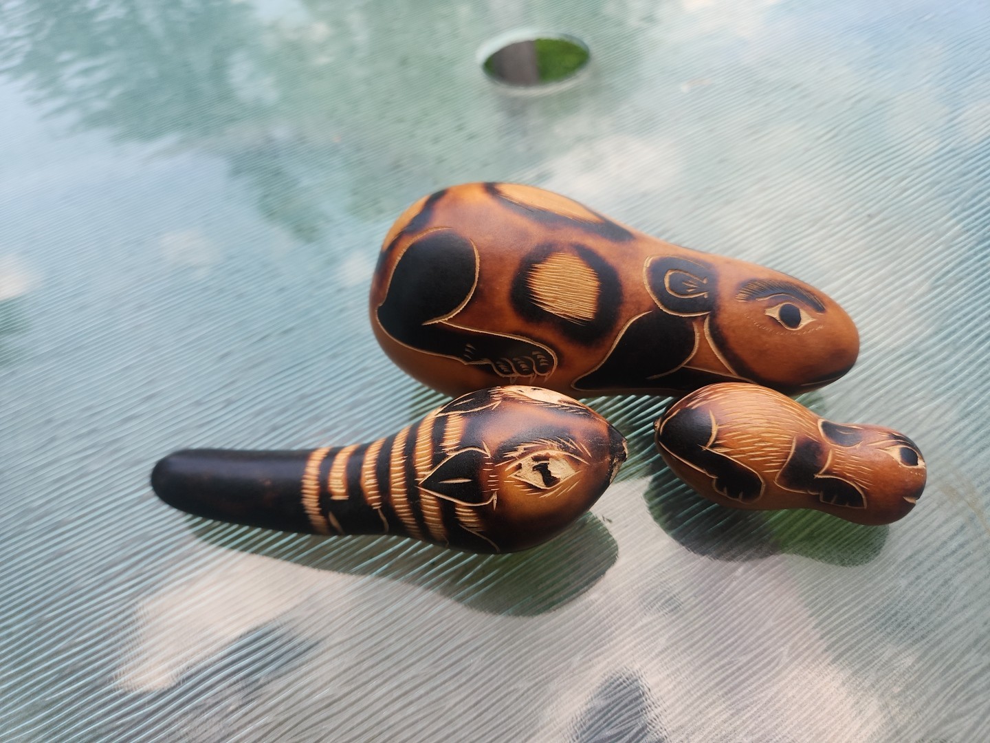 3 Handmade Peru Gourd Maraca Rattle Percussion Fox, Mouse, Guinea Pig