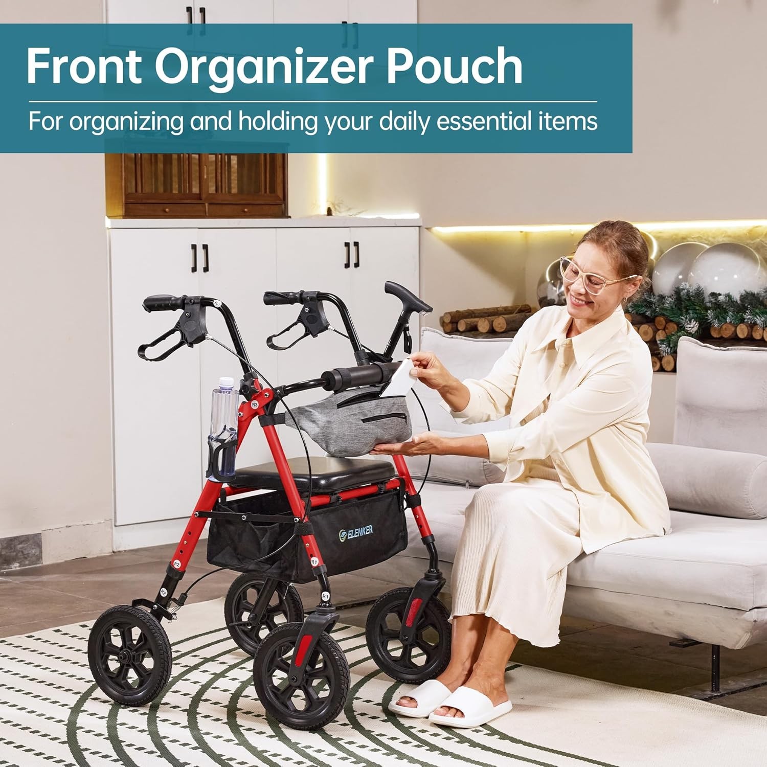 All Terrain Rollator Walker 10 Inch Wheels Seat Backrest Adjustable Red