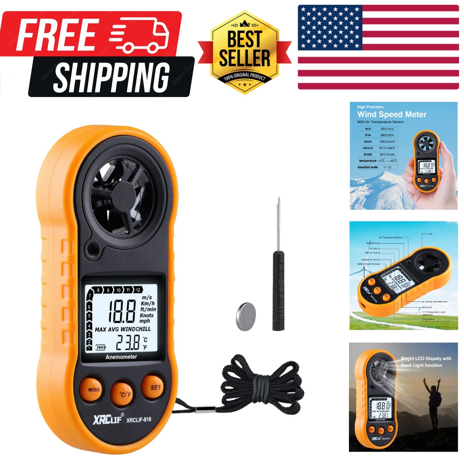 Digital Wind Speed Meter Anemometer Handheld Wind Gauges Air Flow Velocity Me...