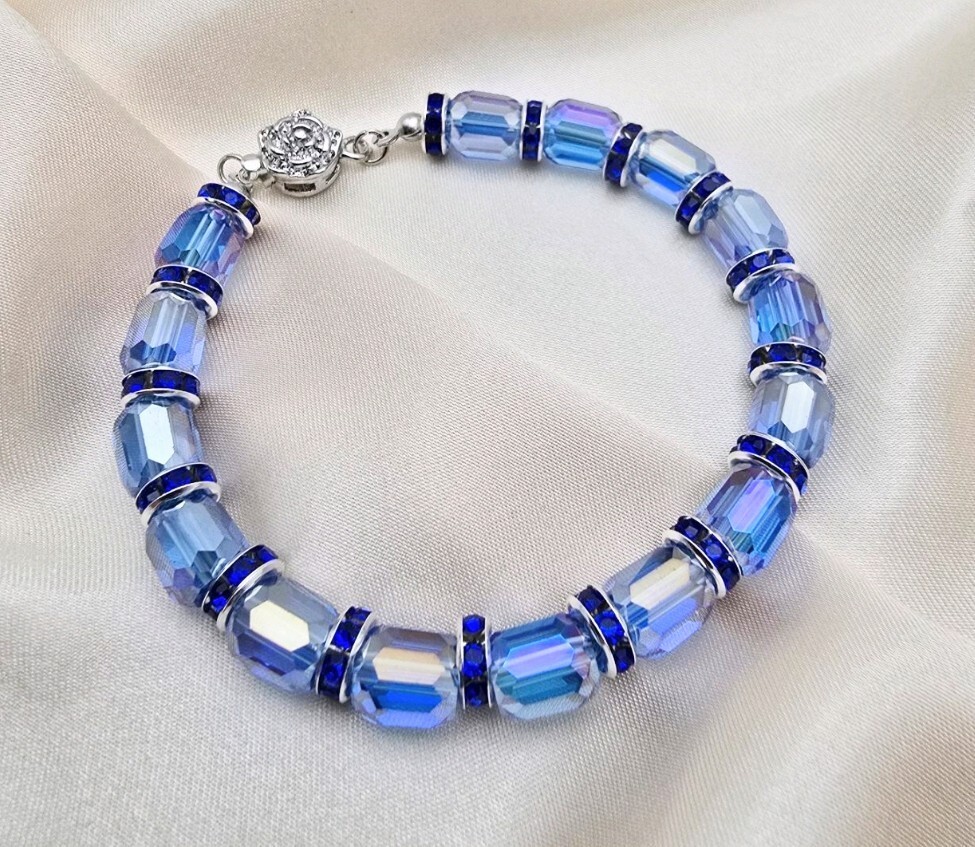Handmade Bracelet with Blue Crystal Cylinder Beads and Silver Accents