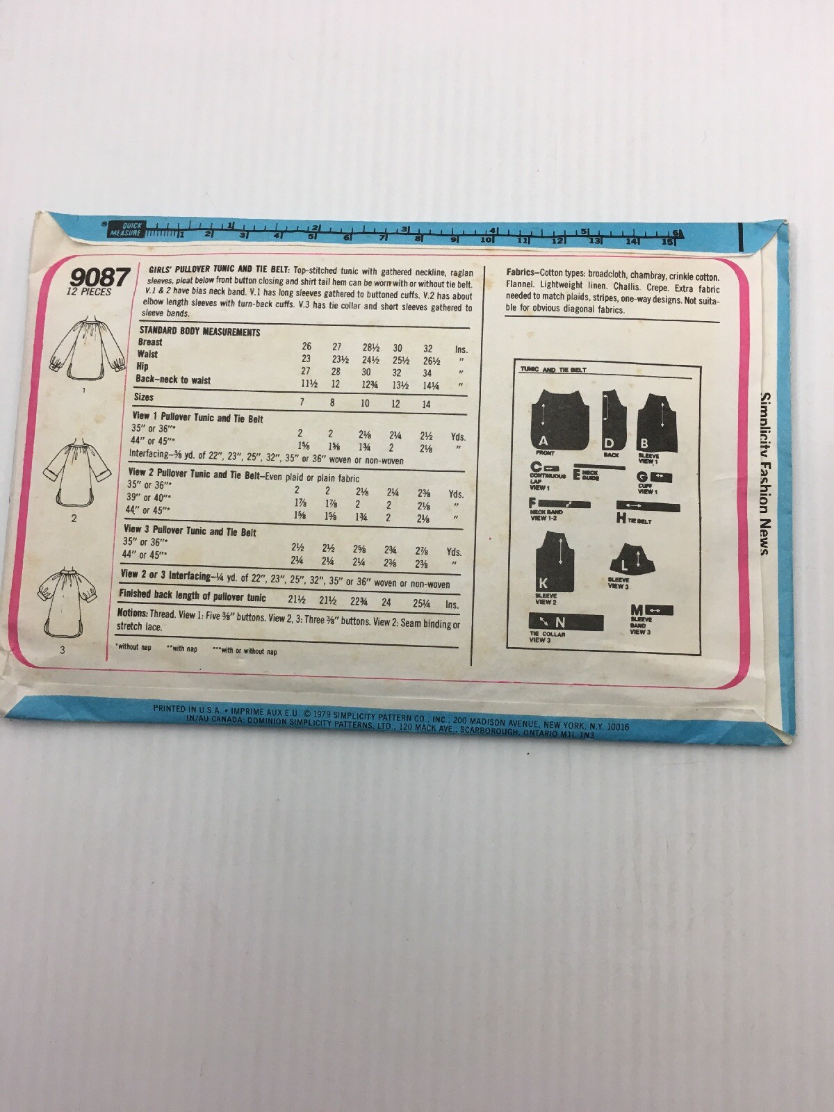 Simplicity Sewing Pattern 9087 Girls Size 7 8 Pullover Tunic and Tie Belt Top