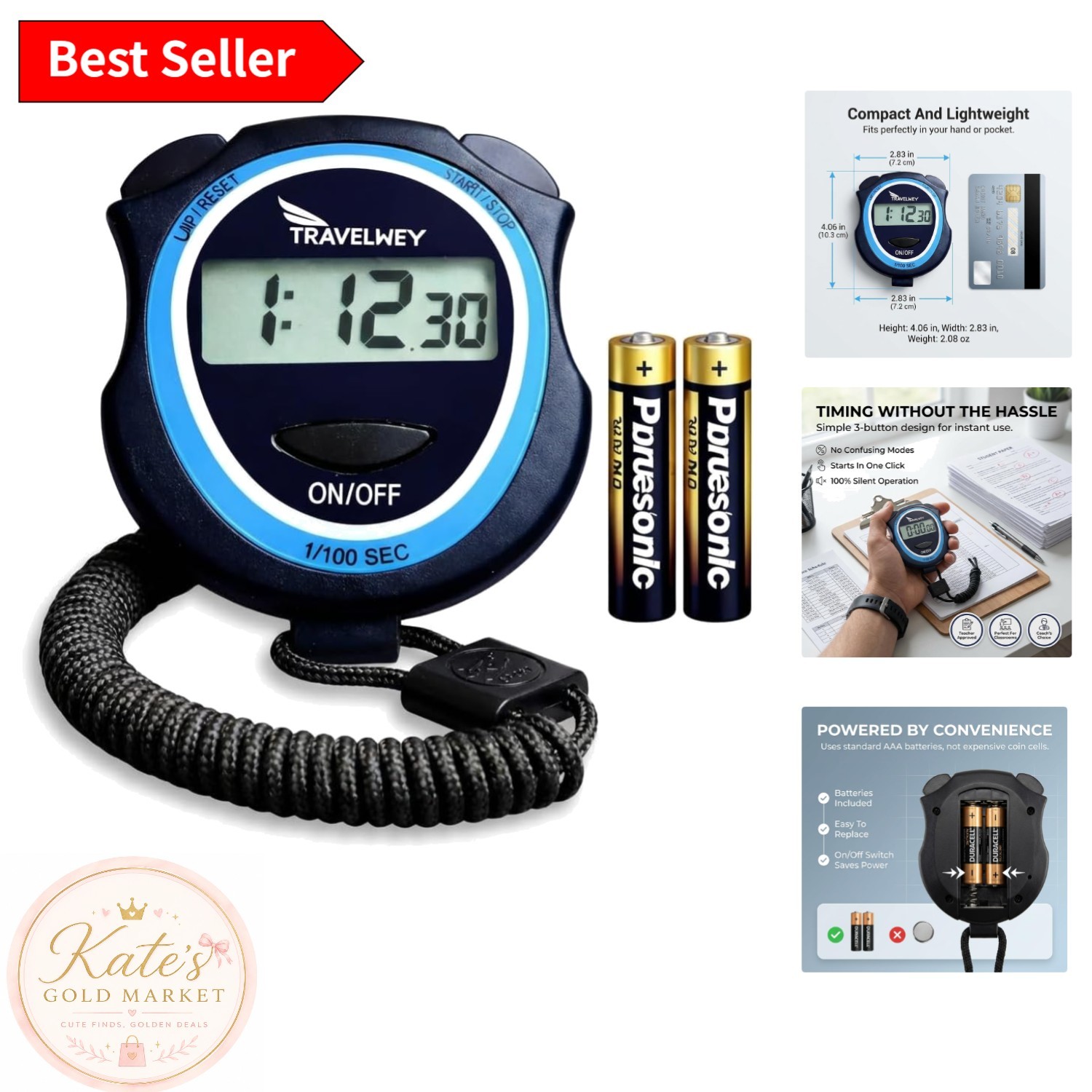 AAA Battery Powered Digital Stopwatch with Neck Lanyard - Lightweight & Portable