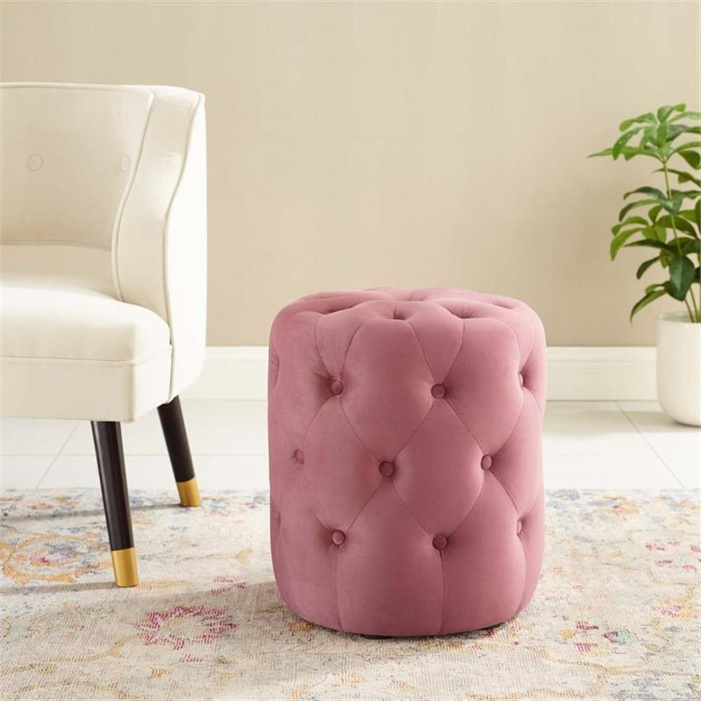 Modway Amour Tufted Button Round Performance Velvet Ottoman in Dusty Rose
